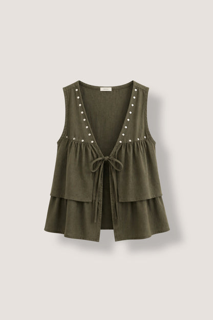 Linen Rivet Vest- Army Green