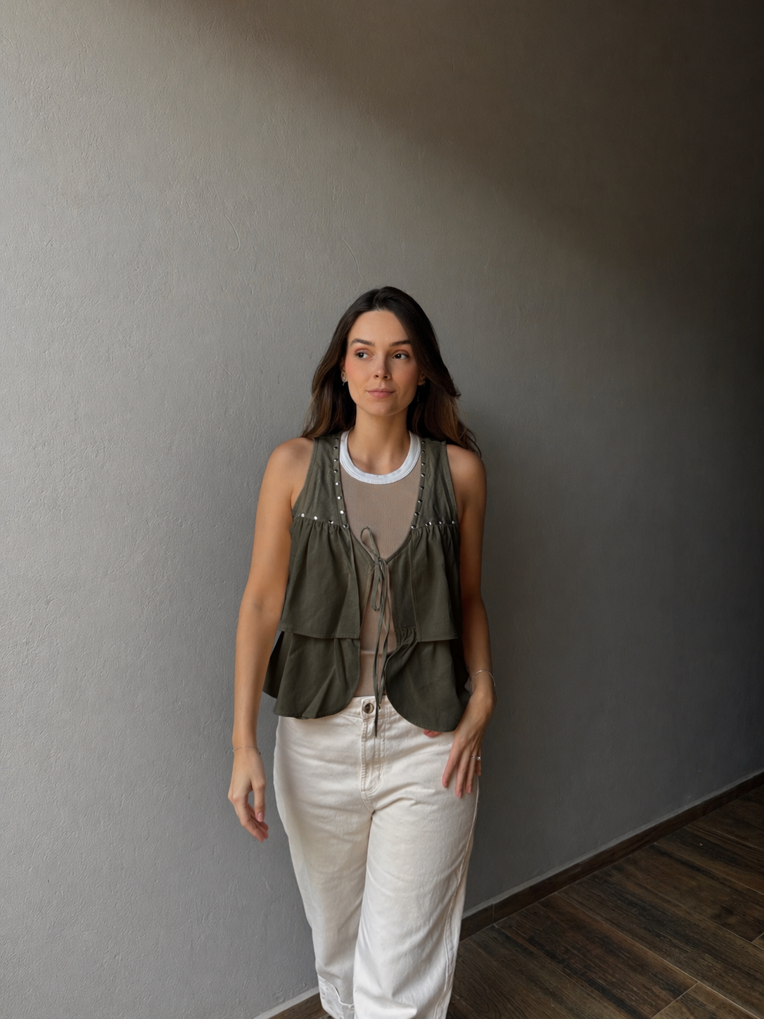 Linen Rivet Vest- Army Green