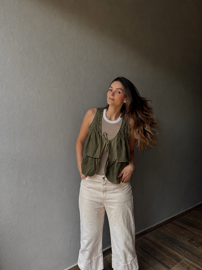 Linen Rivet Vest- Army Green